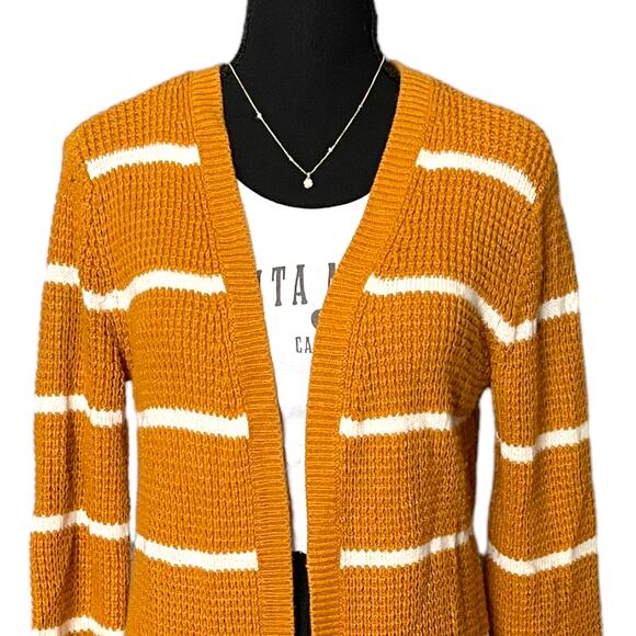 3/$15 Moondance Women's Mustard Yellow Stripes Fall Long Cardigan Sweater Small - Picture 2 of 11